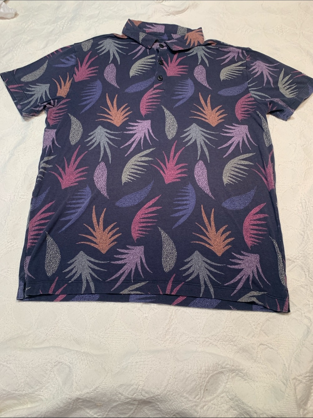 Kids' Navy Polo Shirt with Pink & Purple Leaf Print